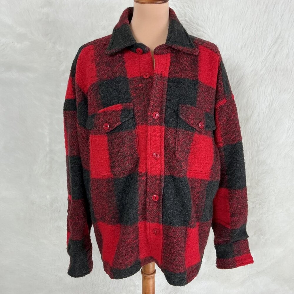 Anine Bing Red Black Bobbi Buffalo Plaid Wool Blend Boucle Jacket Shacket L